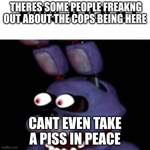 i have no idea what is going on :thumbs up: | THERES SOME PEOPLE FREAKNG OUT ABOUT THE COPS BEING HERE; CANT EVEN TAKE A PISS IN PEACE | image tagged in fnaf bonnie balls | made w/ Imgflip meme maker