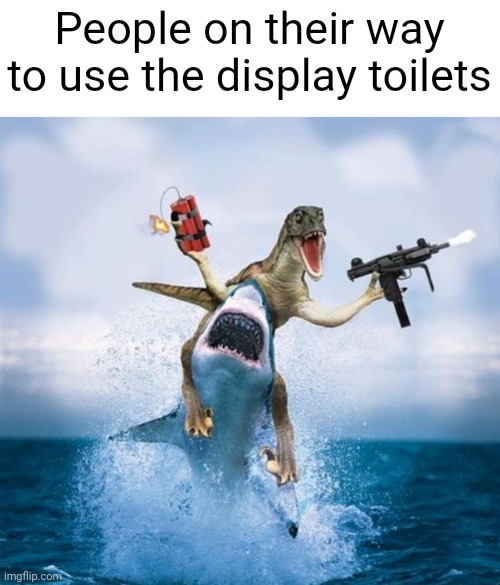 Dinosaur Riding Shark | People on their way to use the display toilets | image tagged in dinosaur riding shark | made w/ Imgflip meme maker