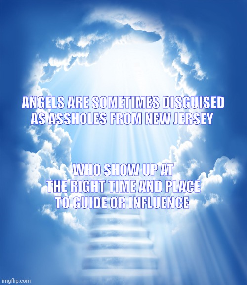 Heaven | ANGELS ARE SOMETIMES DISGUISED AS ASSHOLES FROM NEW JERSEY; WHO SHOW UP AT THE RIGHT TIME AND PLACE TO GUIDE OR INFLUENCE | image tagged in heaven | made w/ Imgflip meme maker