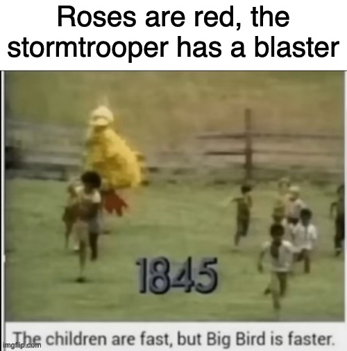 Poetry | Roses are red, the stormtrooper has a blaster | image tagged in big bird,memes,funny | made w/ Imgflip meme maker