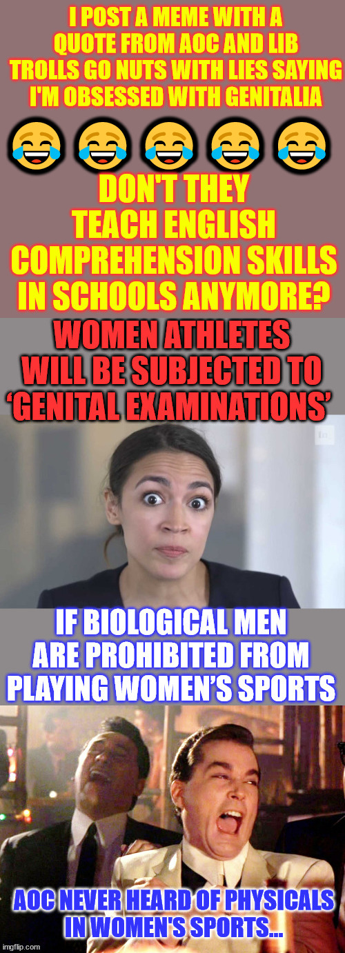 You know they're only out to harass you when they stop comprehending English | I POST A MEME WITH A QUOTE FROM AOC AND LIB TROLLS GO NUTS WITH LIES SAYING I'M OBSESSED WITH GENITALIA; 😂😂😂😂😂; DON'T THEY TEACH ENGLISH COMPREHENSION SKILLS IN SCHOOLS ANYMORE? | image tagged in triggered,liberal,imgflip trolls | made w/ Imgflip meme maker