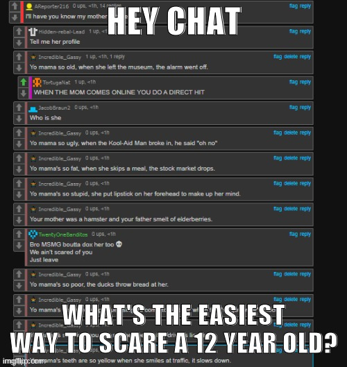 dawns yo mama | HEY CHAT; WHAT'S THE EASIEST WAY TO SCARE A 12 YEAR OLD? | image tagged in dawns yo mama | made w/ Imgflip meme maker