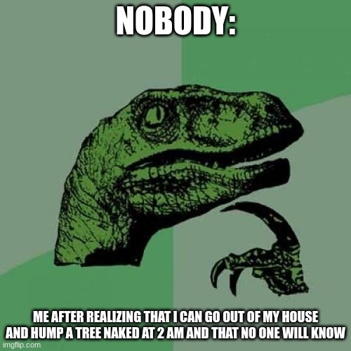 Philosoraptor Meme | NOBODY:; ME AFTER REALIZING THAT I CAN GO OUT OF MY HOUSE AND HUMP A TREE NAKED AT 2 AM AND THAT NO ONE WILL KNOW | image tagged in memes,philosoraptor | made w/ Imgflip meme maker