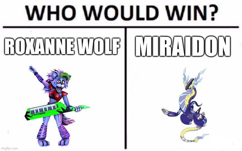 Leave a comment on whom you think would win. | ROXANNE WOLF; MIRAIDON | image tagged in memes,who would win | made w/ Imgflip meme maker