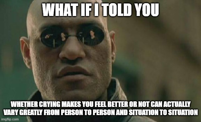Matrix Morpheus Meme | WHAT IF I TOLD YOU; WHETHER CRYING MAKES YOU FEEL BETTER OR NOT CAN ACTUALLY VARY GREATLY FROM PERSON TO PERSON AND SITUATION TO SITUATION | image tagged in memes,matrix morpheus | made w/ Imgflip meme maker