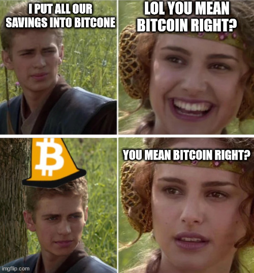 Bought some bitcone... | LOL YOU MEAN BITCOIN RIGHT? I PUT ALL OUR SAVINGS INTO BITCONE; YOU MEAN BITCOIN RIGHT? | image tagged in bitcoin,bitcone,crypto,funny memes,anakin padme 4 panel | made w/ Imgflip meme maker