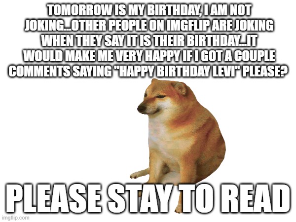 please read this | TOMORROW IS MY BIRTHDAY, I AM NOT JOKING...OTHER PEOPLE ON IMGFLIP ARE JOKING WHEN THEY SAY IT IS THEIR BIRTHDAY...IT WOULD MAKE ME VERY HAPPY IF I GOT A COUPLE COMMENTS SAYING "HAPPY BIRTHDAY LEVI" PLEASE? PLEASE STAY TO READ | image tagged in happy birthday | made w/ Imgflip meme maker