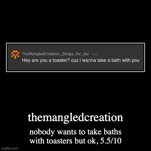 rating msmg users rizz part 5 | themangledcreation | nobody wants to take baths with toasters but ok, 5.5/10 | image tagged in funny,demotivationals | made w/ Imgflip demotivational maker