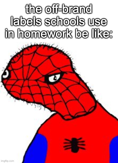 happened to me today. like really, schools? SPOODER MAN? | the off-brand labels schools use in homework be like: | image tagged in spooder man,why,memes | made w/ Imgflip meme maker