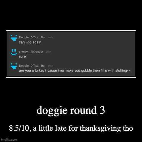 rating msmg users rizz part 10 | doggie round 3 | 8.5/10, a little late for thanksgiving tho | image tagged in funny,demotivationals | made w/ Imgflip demotivational maker