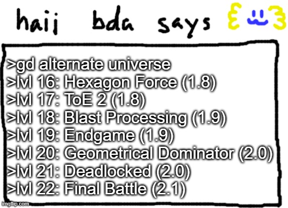 then it turns into 2.2 when????????? | >gd alternate universe
>lvl 16: Hexagon Force (1.8)
>lvl 17: ToE 2 (1.8)
>lvl 18: Blast Processing (1.9)
>lvl 19: Endgame (1.9)
>lvl 20: Geometrical Dominator (2.0)
>lvl 21: Deadlocked (2.0)
>lvl 22: Final Battle (2.1) | image tagged in bda announcement temp | made w/ Imgflip meme maker