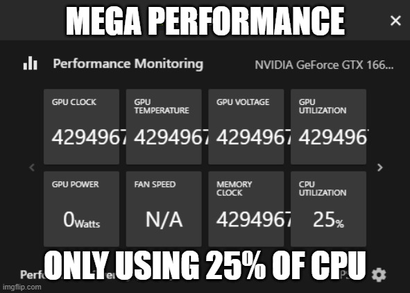 mega cpu | MEGA PERFORMANCE; ONLY USING 25% OF CPU | image tagged in funny | made w/ Imgflip meme maker