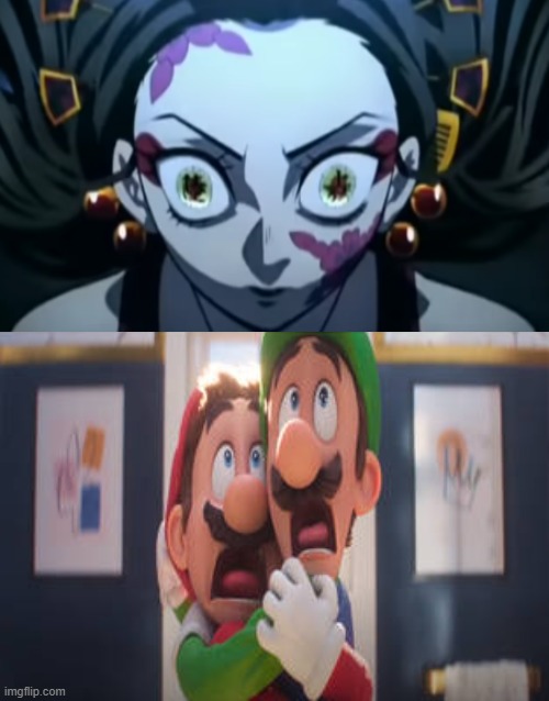 mario and luigi scared of daki | image tagged in mario and luigi scared of what,demon slayer,mario movie,monster | made w/ Imgflip meme maker