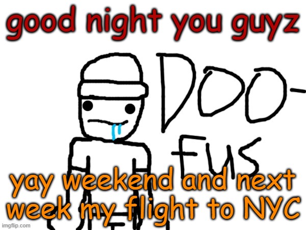 doofus | good night you guyz; yay weekend and next week my flight to NYC | image tagged in doofus | made w/ Imgflip meme maker