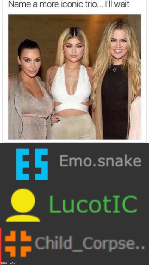 image tagged in name a more iconic trio,pop on snap darling,lucotic how about you shut up,corpse shitpost | made w/ Imgflip meme maker