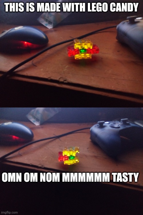 THIS IS MADE WITH LEGO CANDY; OMN OM NOM MMMMMM TASTY | image tagged in editable lego cheese burger | made w/ Imgflip meme maker