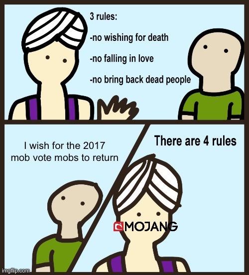 Genie Rules Meme | I wish for the 2017 mob vote mobs to return | image tagged in genie rules meme | made w/ Imgflip meme maker