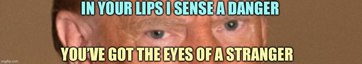 A “tiny” meme | IN YOUR LIPS I SENSE A DANGER; YOU’VE GOT THE EYES OF A STRANGER | image tagged in memes,donald trump | made w/ Imgflip meme maker