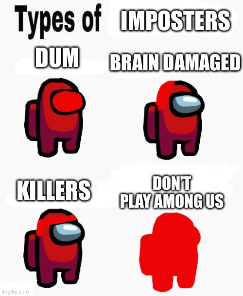 Among us types of headaches | IMPOSTERS; DUM; BRAIN DAMAGED; DON’T PLAY AMONG US; KILLERS | image tagged in among us types of headaches | made w/ Imgflip meme maker