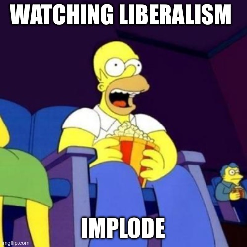 Anyone else enjoying the show | WATCHING LIBERALISM; IMPLODE | image tagged in homer eating popcorn,libtards | made w/ Imgflip meme maker