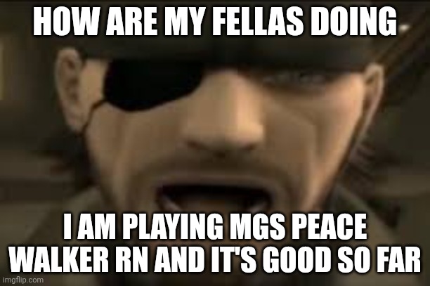 I'm doing it on an emulator, not knowing the controls of that system except for trying my best and using the emulator menu | HOW ARE MY FELLAS DOING; I AM PLAYING MGS PEACE WALKER RN AND IT'S GOOD SO FAR | image tagged in naked snake scream | made w/ Imgflip meme maker