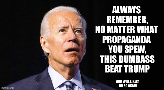 Maga is so quick to rewrite history that they forget the hype doesn’t withstand their constant reality check. | ALWAYS 
REMEMBER,
NO MATTER WHAT 
PROPAGANDA 
YOU SPEW,
THIS DUMBASS
BEAT TRUMP; AND WILL LIKELY 
DO SO AGAIN | image tagged in confused joe biden,maga will ultimately lose,maga only makes democrats stronger,maga only makes democrats right | made w/ Imgflip meme maker