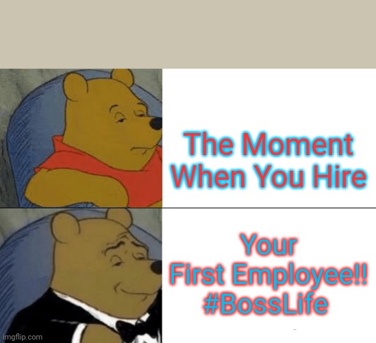 Tuxedo Winnie The Pooh | The Moment When You Hire; Your First Employee!! #BossLife | image tagged in memes,tuxedo winnie the pooh | made w/ Imgflip meme maker