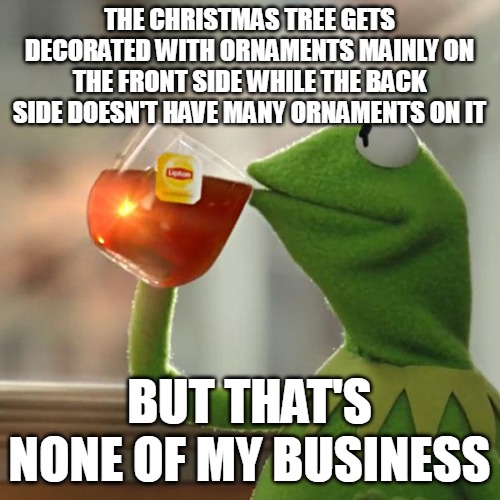 But That's None Of My Business | THE CHRISTMAS TREE GETS DECORATED WITH ORNAMENTS MAINLY ON THE FRONT SIDE WHILE THE BACK SIDE DOESN'T HAVE MANY ORNAMENTS ON IT; BUT THAT'S NONE OF MY BUSINESS | image tagged in memes,but that's none of my business,kermit the frog,meme,relatable,christmas | made w/ Imgflip meme maker
