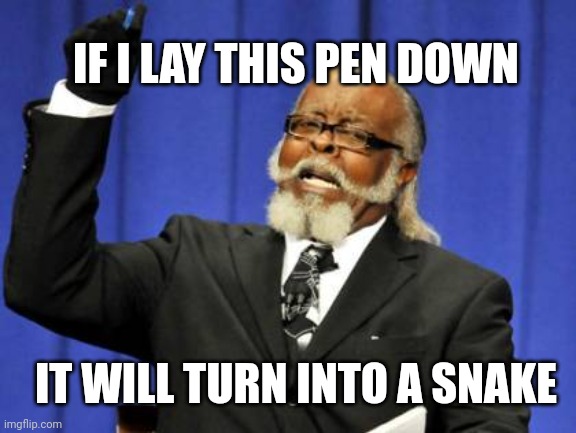 Lay it down | IF I LAY THIS PEN DOWN; IT WILL TURN INTO A SNAKE | image tagged in memes,too damn high | made w/ Imgflip meme maker