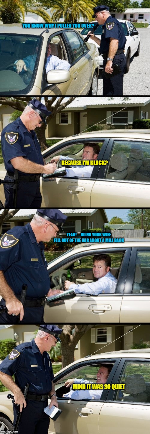 no regrets | YOU KNOW WHY I PULLED YOU OVER? BECAUSE I'M BLACK? YEAH! ... NO NO YOUR WIFE FELL OUT OF THE CAR ABOUT A MILE BACK; MIND IT WAS SO QUIET | image tagged in pulled over | made w/ Imgflip meme maker
