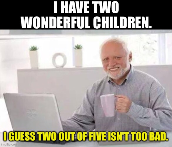 It could be worse | I HAVE TWO WONDERFUL CHILDREN. I GUESS TWO OUT OF FIVE ISN'T TOO BAD. | image tagged in harold | made w/ Imgflip meme maker