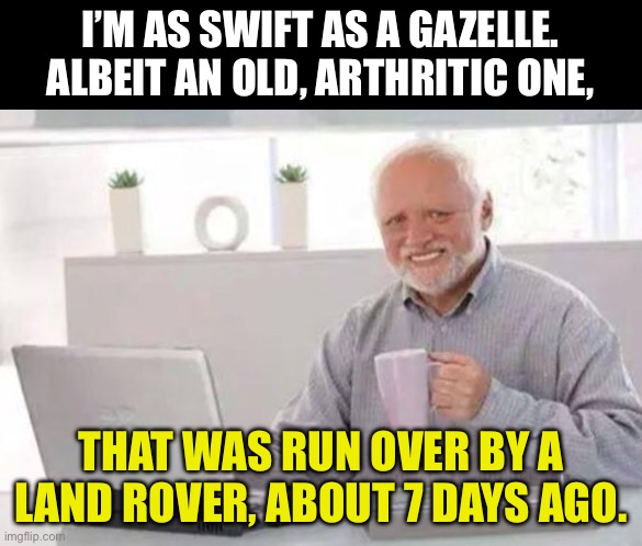 Old age | I’M AS SWIFT AS A GAZELLE. ALBEIT AN OLD, ARTHRITIC ONE, THAT WAS RUN OVER BY A LAND ROVER, ABOUT 7 DAYS AGO. | image tagged in harold | made w/ Imgflip meme maker