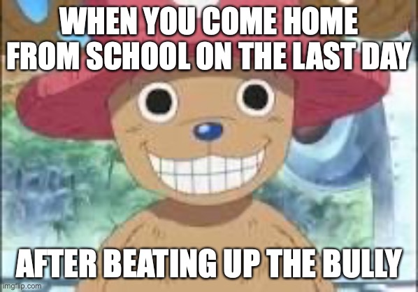 Chopper smiling | WHEN YOU COME HOME FROM SCHOOL ON THE LAST DAY; AFTER BEATING UP THE BULLY | image tagged in chopper smiling | made w/ Imgflip meme maker