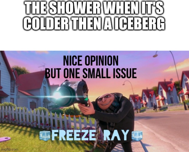 Nice opinion but one small issue freeze ray | THE SHOWER WHEN IT'S
COLDER THEN A ICEBERG | image tagged in nice opinion but one small issue freeze ray | made w/ Imgflip meme maker