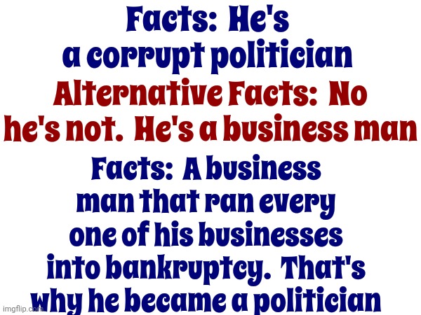 When You Refuse To See Reality | Facts:  He's a corrupt politician; Facts:  A business man that ran every one of his businesses into bankruptcy.  That's why he became a politician; Alternative Facts:  No he's not.  He's a business man | image tagged in scumbag maga,scumbag trump,lock him up,trump lies,memes | made w/ Imgflip meme maker