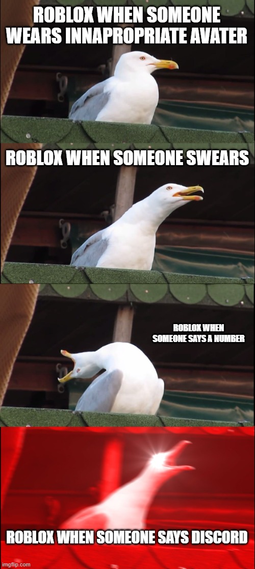 i said i will cure you and i got banned from roblox | ROBLOX WHEN SOMEONE WEARS INNAPROPRIATE AVATER; ROBLOX WHEN SOMEONE SWEARS; ROBLOX WHEN SOMEONE SAYS A NUMBER; ROBLOX WHEN SOMEONE SAYS DISCORD | image tagged in memes,inhaling seagull | made w/ Imgflip meme maker