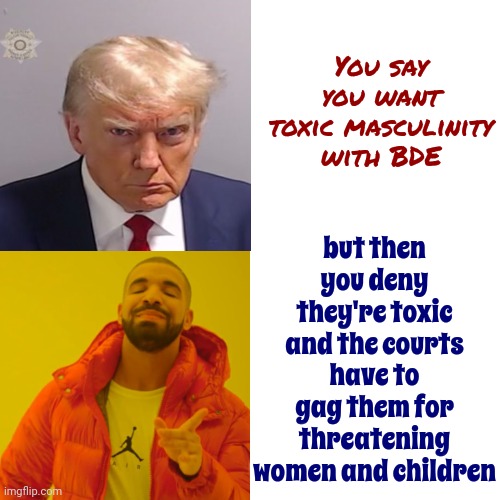 Trump Always Threatening Women, Children And Families Isn't Masculinity But It Is Definitely Toxic | You say you want toxic masculinity with BDE; but then you deny they're toxic and the courts have to gag them for threatening women and children | image tagged in memes,drake hotline bling,scumbag trump,scumbag maga,scumbag republicans,special kind of stupid | made w/ Imgflip meme maker