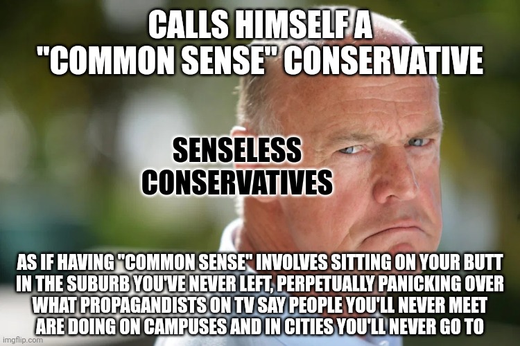"Common sense"? You keep using that phrase. I do not think it means what you think it means. | CALLS HIMSELF A
"COMMON SENSE" CONSERVATIVE; SENSELESS
CONSERVATIVES; AS IF HAVING "COMMON SENSE" INVOLVES SITTING ON YOUR BUTT
IN THE SUBURB YOU'VE NEVER LEFT, PERPETUALLY PANICKING OVER
WHAT PROPAGANDISTS ON TV SAY PEOPLE YOU'LL NEVER MEET
ARE DOING ON CAMPUSES AND IN CITIES YOU'LL NEVER GO TO | image tagged in angry conservative,conservative logic,outrage,panic,propaganda,common sense | made w/ Imgflip meme maker