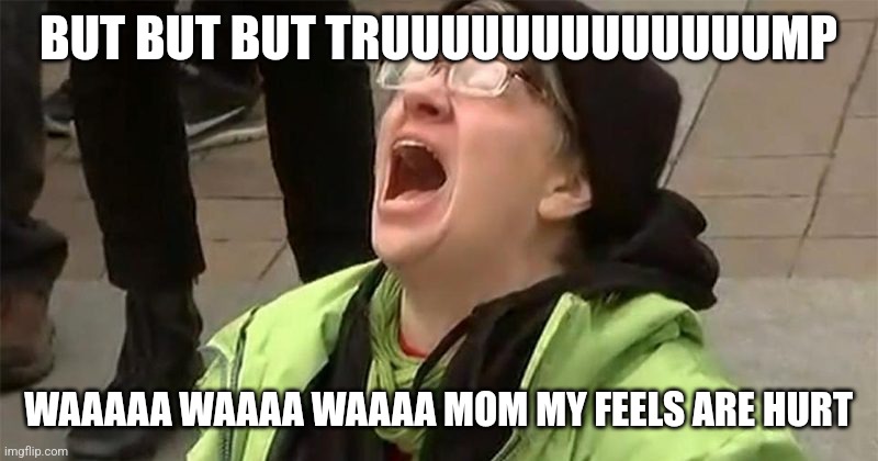 crying liberal | BUT BUT BUT TRUUUUUUUUUUUUUMP WAAAAA WAAAA WAAAA MOM MY FEELS ARE HURT | image tagged in crying liberal | made w/ Imgflip meme maker