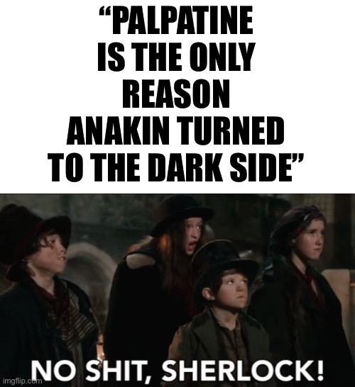 No shit sherlock | “PALPATINE IS THE ONLY REASON ANAKIN TURNED TO THE DARK SIDE” | image tagged in no shit sherlock | made w/ Imgflip meme maker