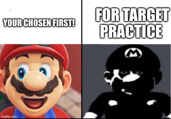 Happy mario Vs Dark Mario | FOR TARGET PRACTICE; YOUR CHOSEN FIRST! | image tagged in happy mario vs dark mario | made w/ Imgflip meme maker
