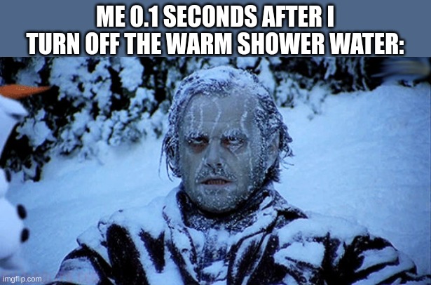 freezing | ME 0.1 SECONDS AFTER I TURN OFF THE WARM SHOWER WATER: | image tagged in freezing cold,shower | made w/ Imgflip meme maker