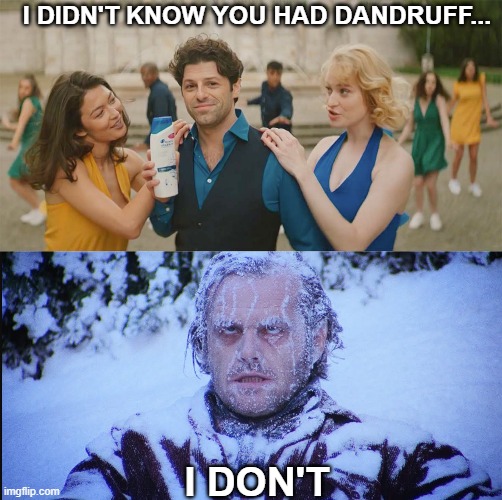 Head and Shoulders Meets The Shining | I DIDN'T KNOW YOU HAD DANDRUFF... I DON'T | image tagged in the shining,dandruff,snow | made w/ Imgflip meme maker