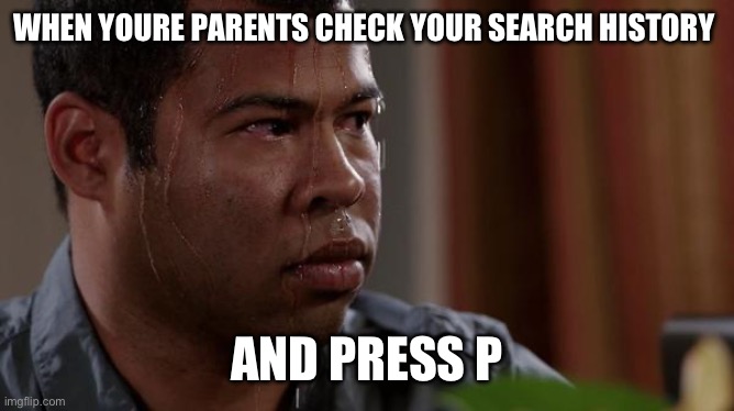 Bruh | WHEN YOURE PARENTS CHECK YOUR SEARCH HISTORY; AND PRESS P | image tagged in sweating bullets | made w/ Imgflip meme maker