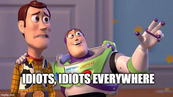 Idiots everywhere | IDIOTS, IDIOTS EVERYWHERE | image tagged in idiots everywhere | made w/ Imgflip meme maker
