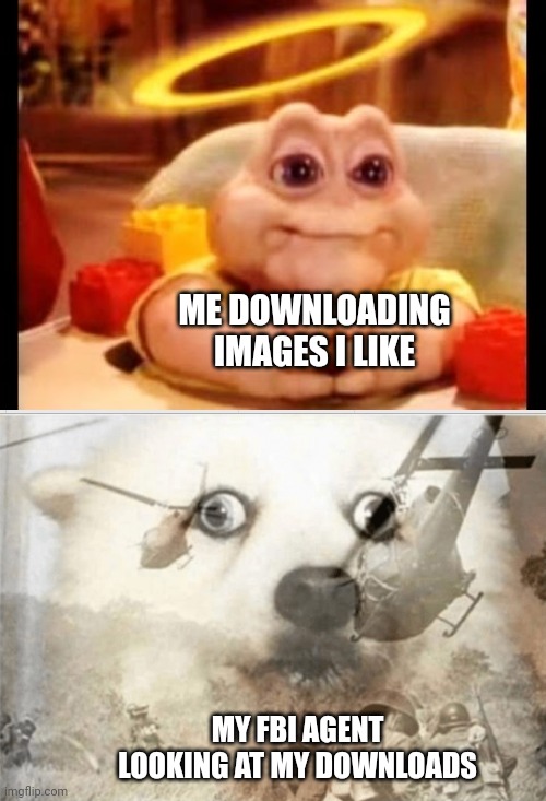 Theres nothing sus going on (im serious??) | ME DOWNLOADING IMAGES I LIKE; MY FBI AGENT LOOKING AT MY DOWNLOADS | image tagged in innocent baby dinosaur,ptsd dog | made w/ Imgflip meme maker