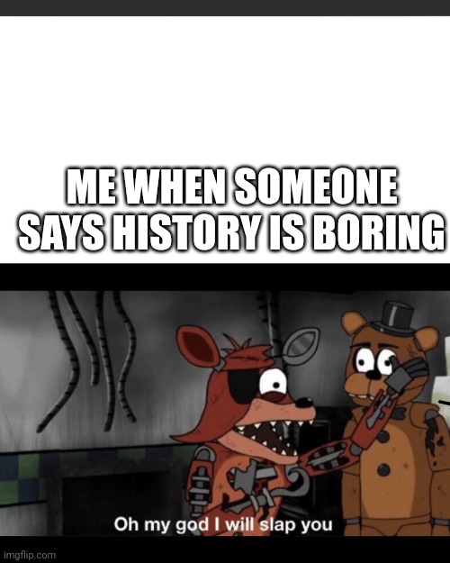 ITS NOT BORING | ME WHEN SOMEONE SAYS HISTORY IS BORING | image tagged in oh my god i will slap you | made w/ Imgflip meme maker