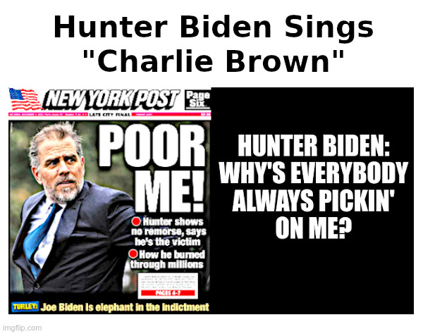 Hunter Biden Sings "Charlie Brown" | image tagged in hunter biden,taxes,whine,coasters,charlie brown,whys everybody always pickin on me | made w/ Imgflip meme maker