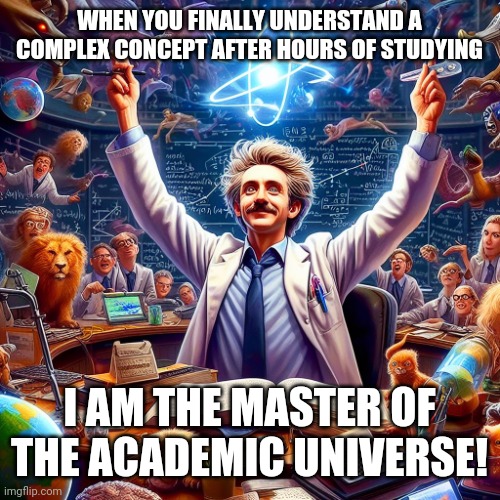 After study | WHEN YOU FINALLY UNDERSTAND A COMPLEX CONCEPT AFTER HOURS OF STUDYING; I AM THE MASTER OF THE ACADEMIC UNIVERSE! | image tagged in harsh,study | made w/ Imgflip meme maker