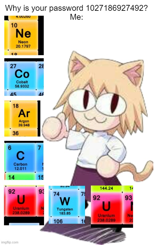 down bad today aren't we | Why is your password 1027186927492?
Me: | image tagged in neco arc thumbs up,neco arc,uwu,periodic table,memes,sus | made w/ Imgflip meme maker